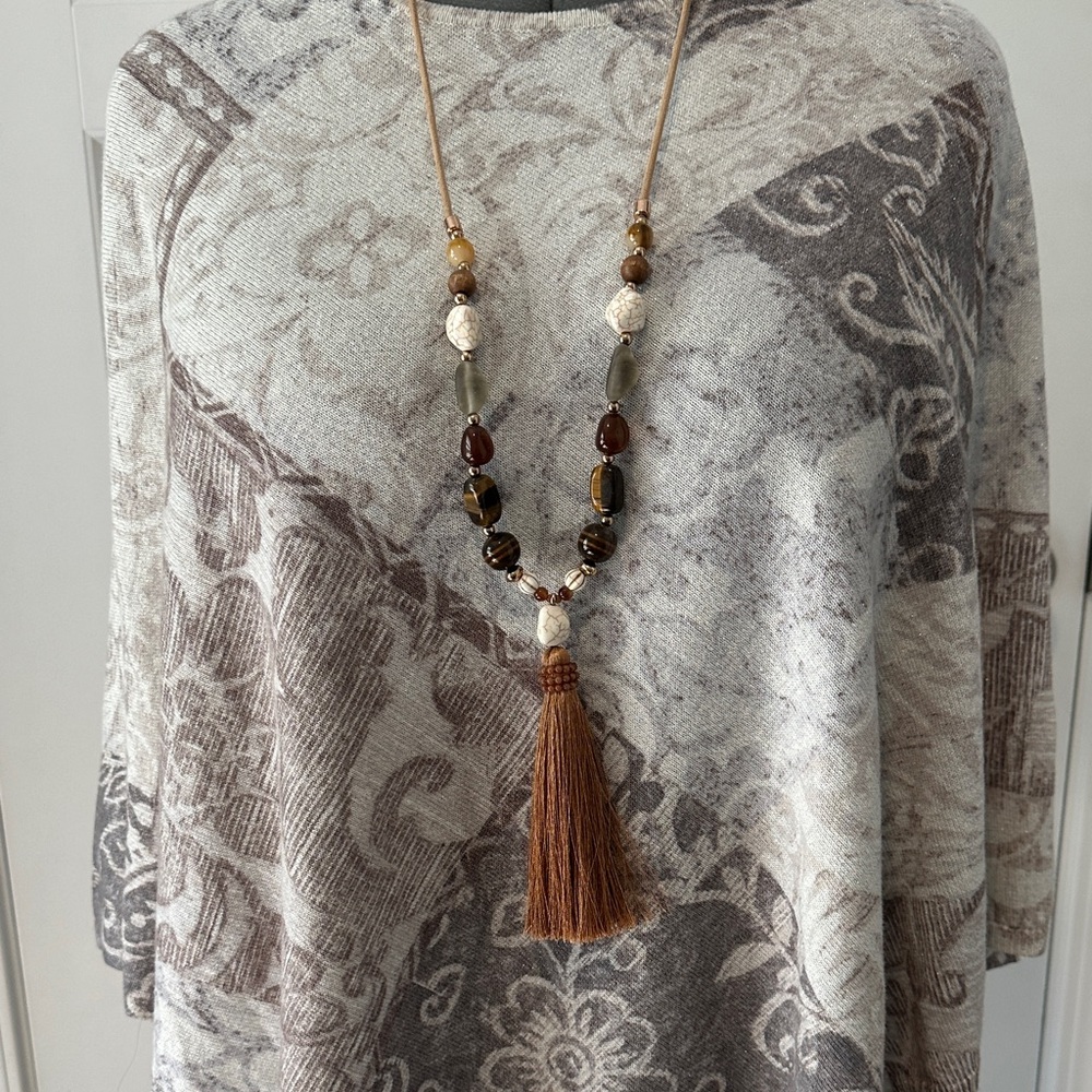 Chico's Brown and Cream Beaded Necklace with Tassel
